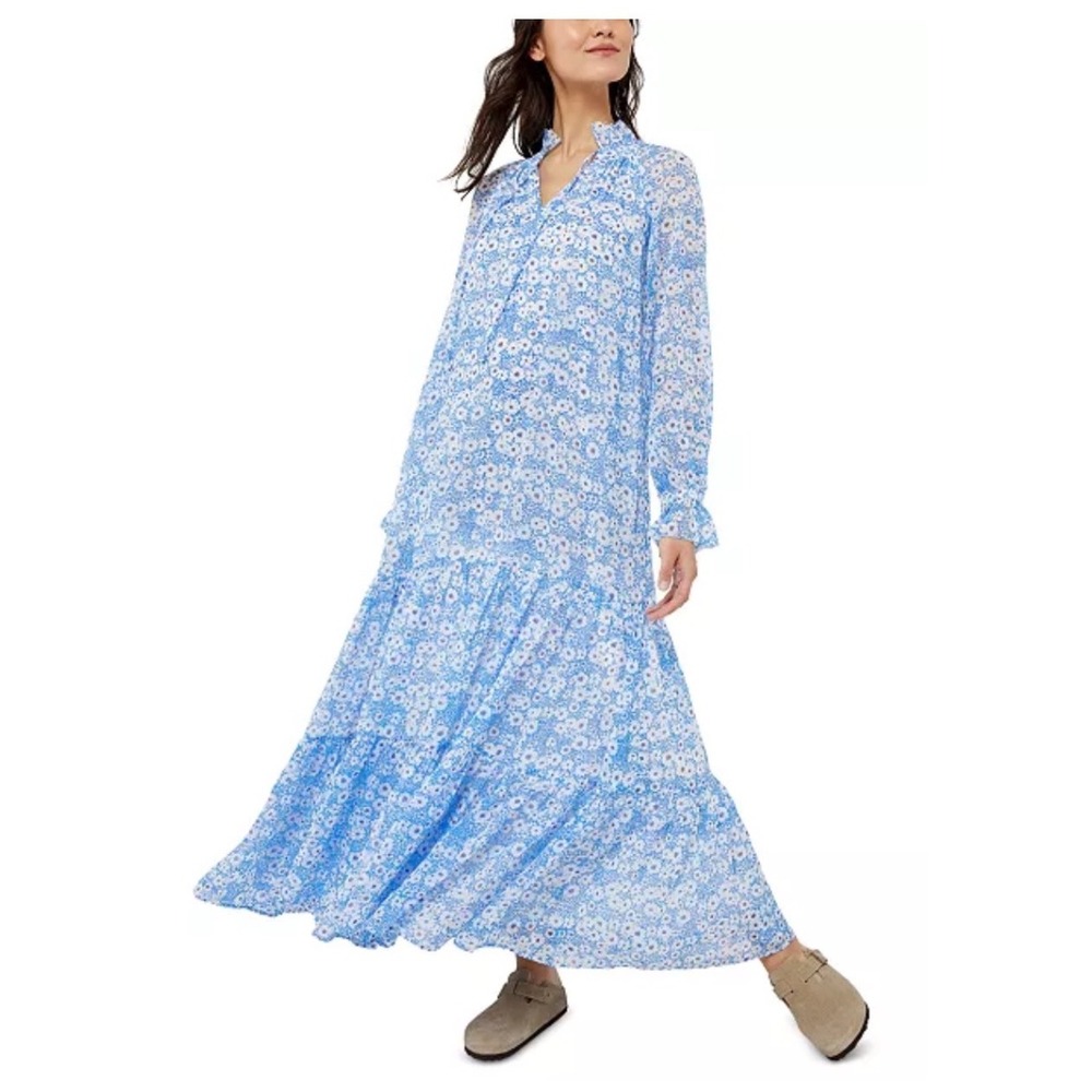 A Pea In The Pod Maternity Blue White Floral Tiered Maxi Dress XS/S Long Sleeve
